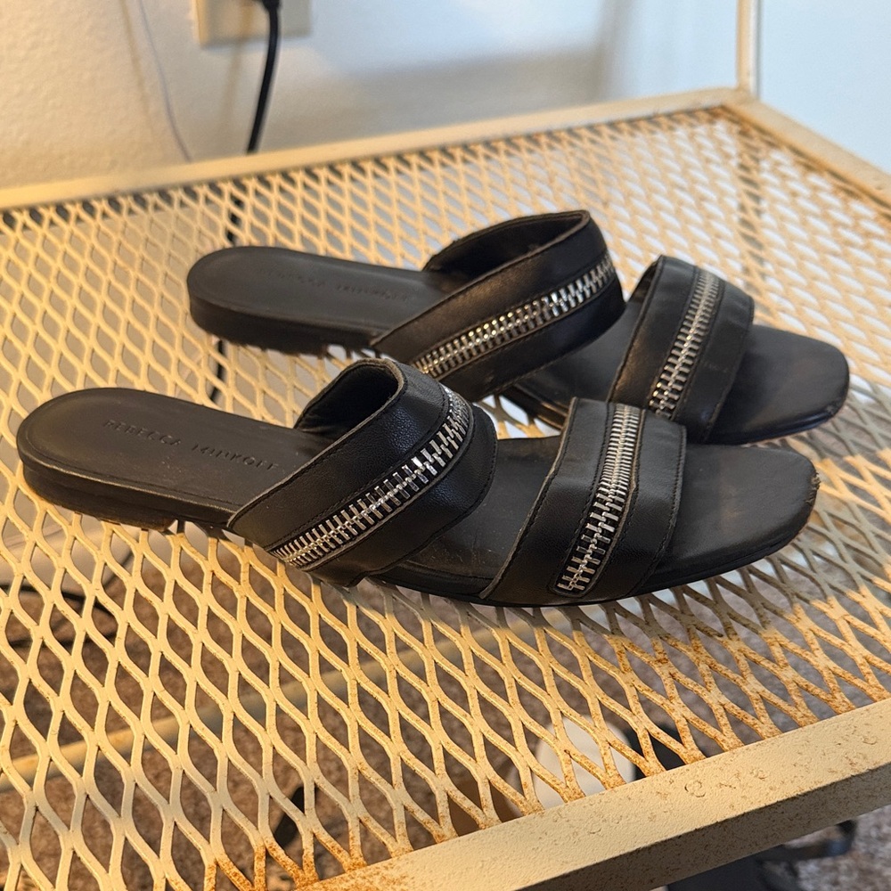 Rebecca Minkoff Black Leather Slide Sandals with Silver Zipper Accents